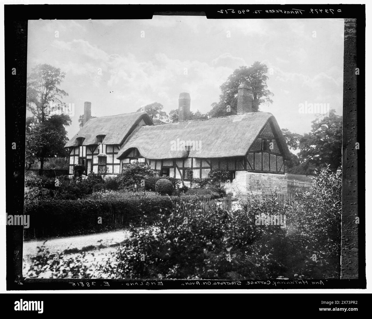 Ann Hathaway Cottage, Stratford-on-Avon, "E 38815" auf negativ. Detroit Publishing Co.-Nr. 090512., Geschenk; State Historical Society of Colorado; 1949, Hathaway, Anne, 1556?-1623, Häuser und Orte. , Strohdächer. , Wohnungen. England, Warwickshire, Stratford-Upon-Avon. Stockfoto