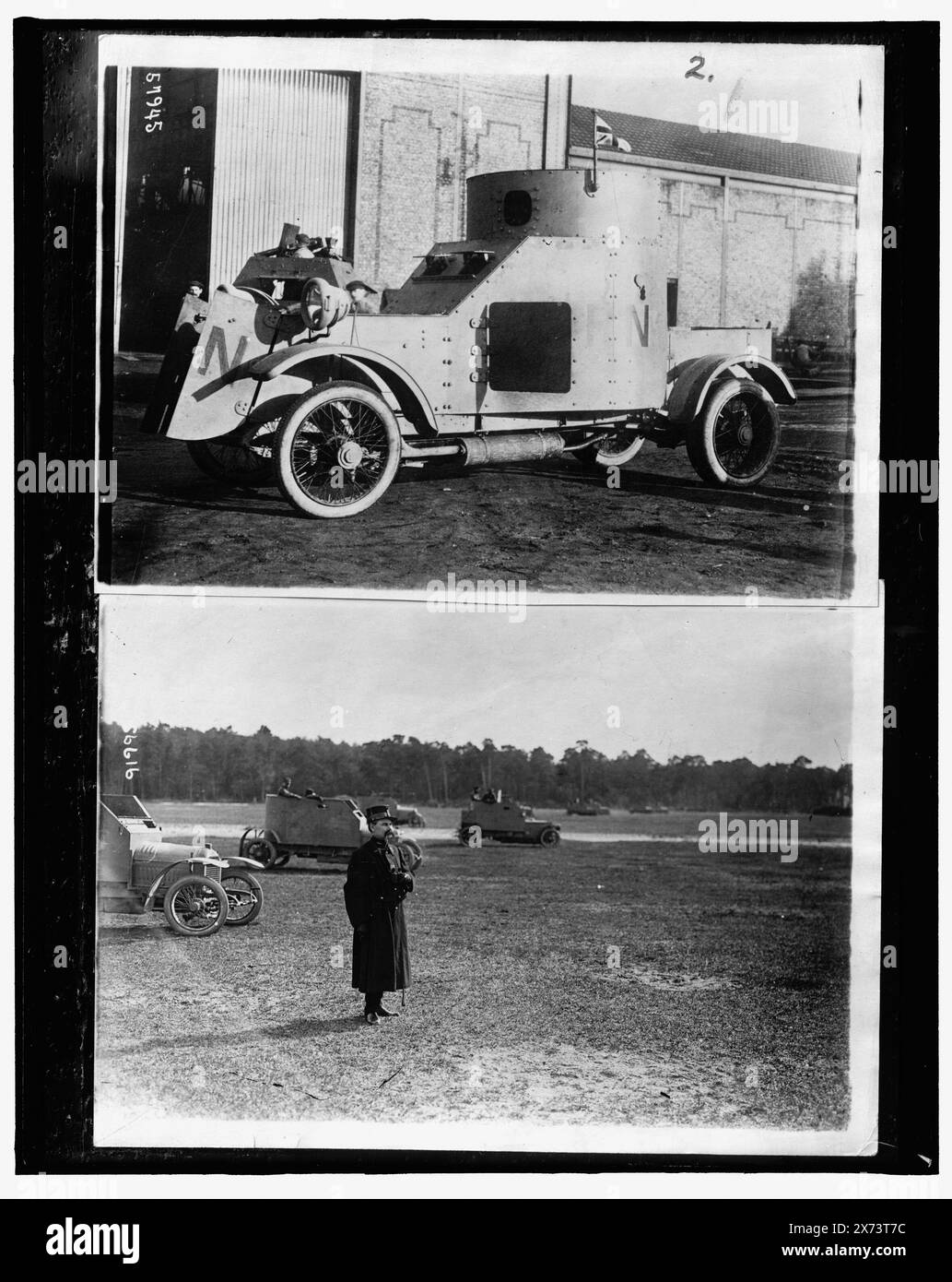 Panzerwagen; Offizier mit gepanzerten Autos in einem Feld, Titel vom Kataloger erdacht., Foto von zwei Fotoabzügen; wahrscheinlich 1. Weltkrieg, '57945' auf dem oberen Fotodruck; '56616' auf dem unteren Fotodruck., No. Detroit Publishing Co. No., Geschenk; State Historical Society of Colorado; 1949, gepanzerte Fahrzeuge. , Militäroffiziere. , Weltkrieg, 1914-1918. Stockfoto