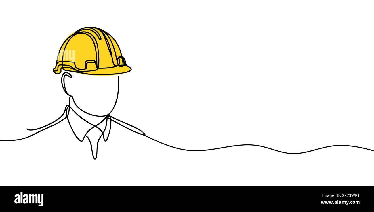 Einzelne durchgehende Linienzeichnung eines jungen Baumeisters. Geschäftskonzept der Gebäudearchitektur. Einzelner Linienvektor. Stock Vektor