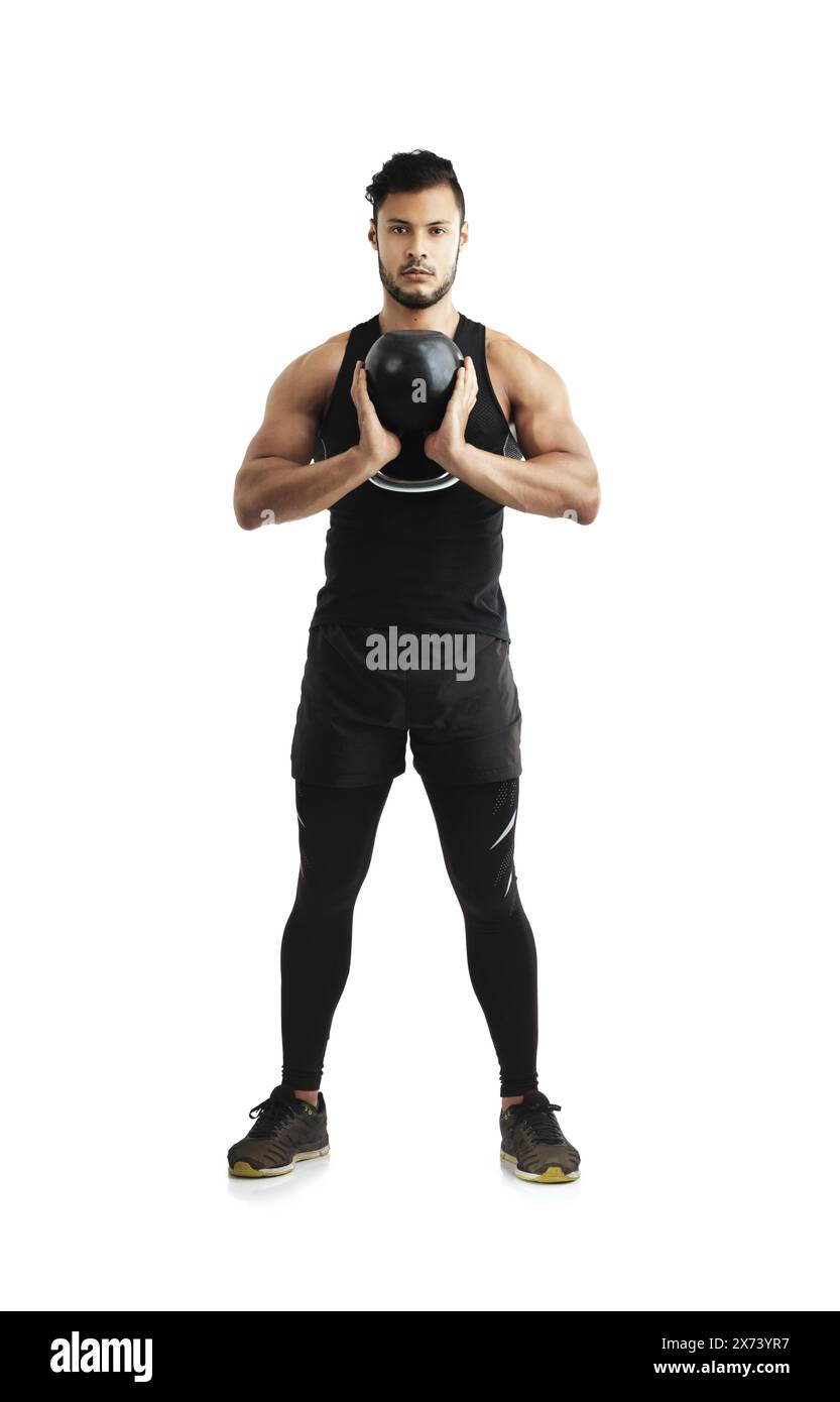 Fitness, Kettlebell und Porträt des Mannes im Studio für Training mit Armkraft zum Muskeltraining. Sport, Sportler und Bodybuilder mit Workout Stockfoto