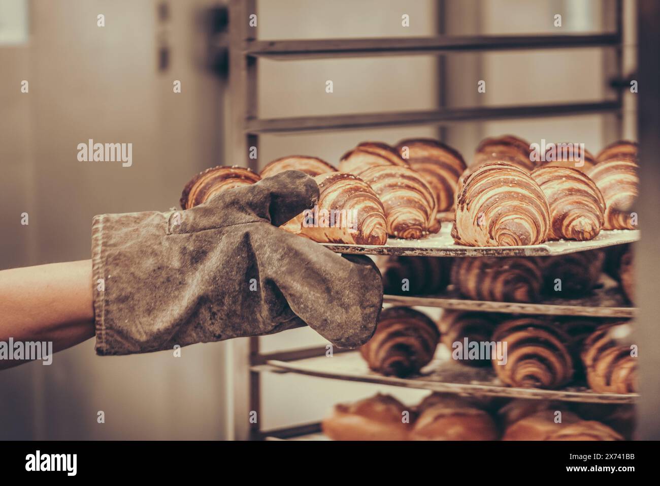 Person mit Backhandschuh, die ein Tablett mit frisch gebackenen Croissants in einen Trolley schiebt, im Vintage-Stil mit Getreide Stockfoto