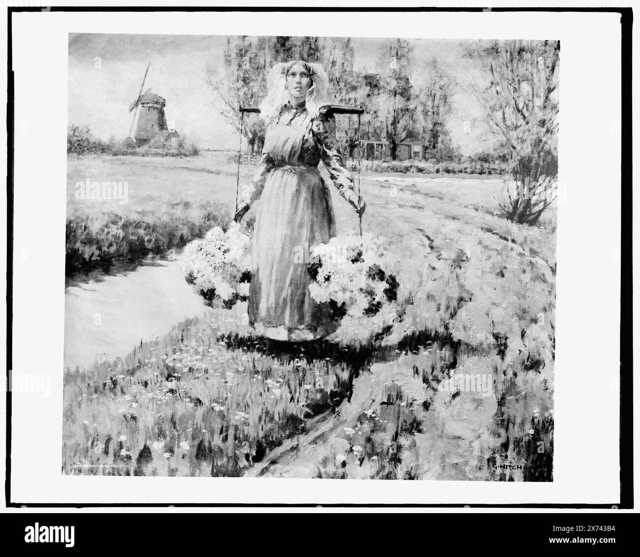 Das Blumenmädchen, Titel aus Jacke, Foto des Gemäldes signiert G. Hitchcock., Detroit Publishing Co.-Nr. 090234., Geschenk; State Historical Society of Colorado; 1949, Women, Employment. , Blumen. , Niederlande. Stockfoto