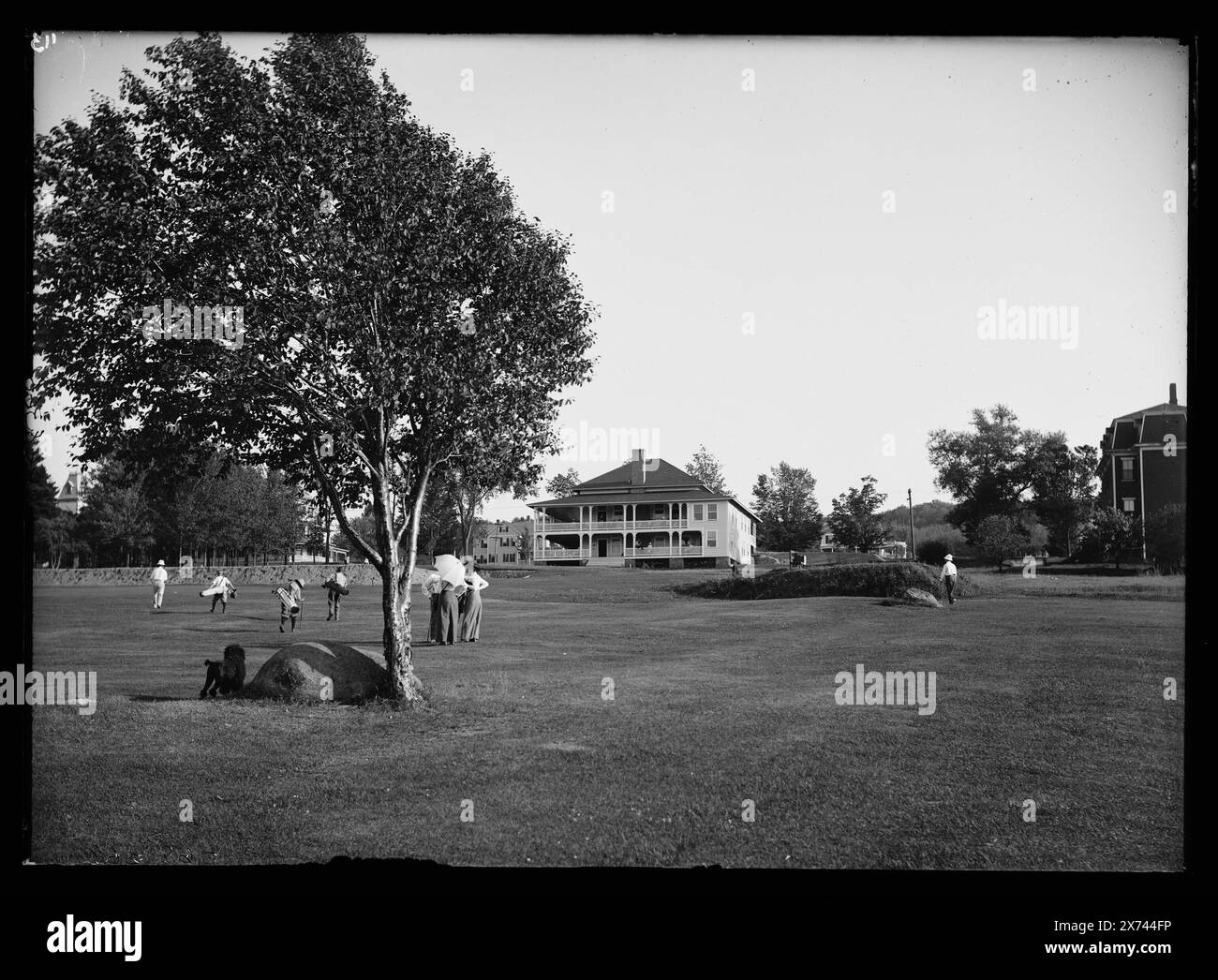 Bethlehem Country Club from the Golf Links, White MTS., N.H., Titel von Postkarte aus Foto (Information von K. McGraw 18.07.97)., ehemaliger Titel: Golfschläger und grün., '113' auf negativ., Poodle im Vordergrund., Detroit Publishing Co.-Nr. 068368., Geschenk; State Historical Society of Colorado; 1949, Golf. , Clubhäuser. , Usa, New Hampshire, White Mountains. Stockfoto