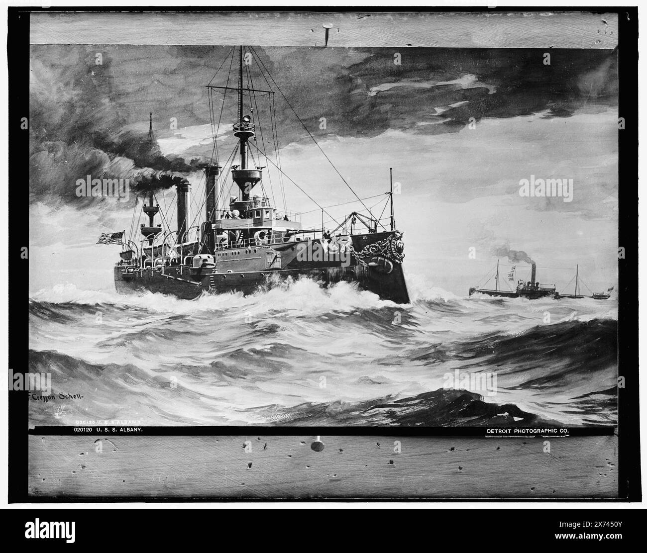 U.S.S. Albany, Foto der Malerei, signiert F. Cresson Schell., Detroit Publishing Co. No. 020120., Geschenk; State Historical Society of Colorado; 1949, Albany (Cruiser), United States., Navy. , Cruiser (Kriegsschiffe), Amerikaner. Stockfoto
