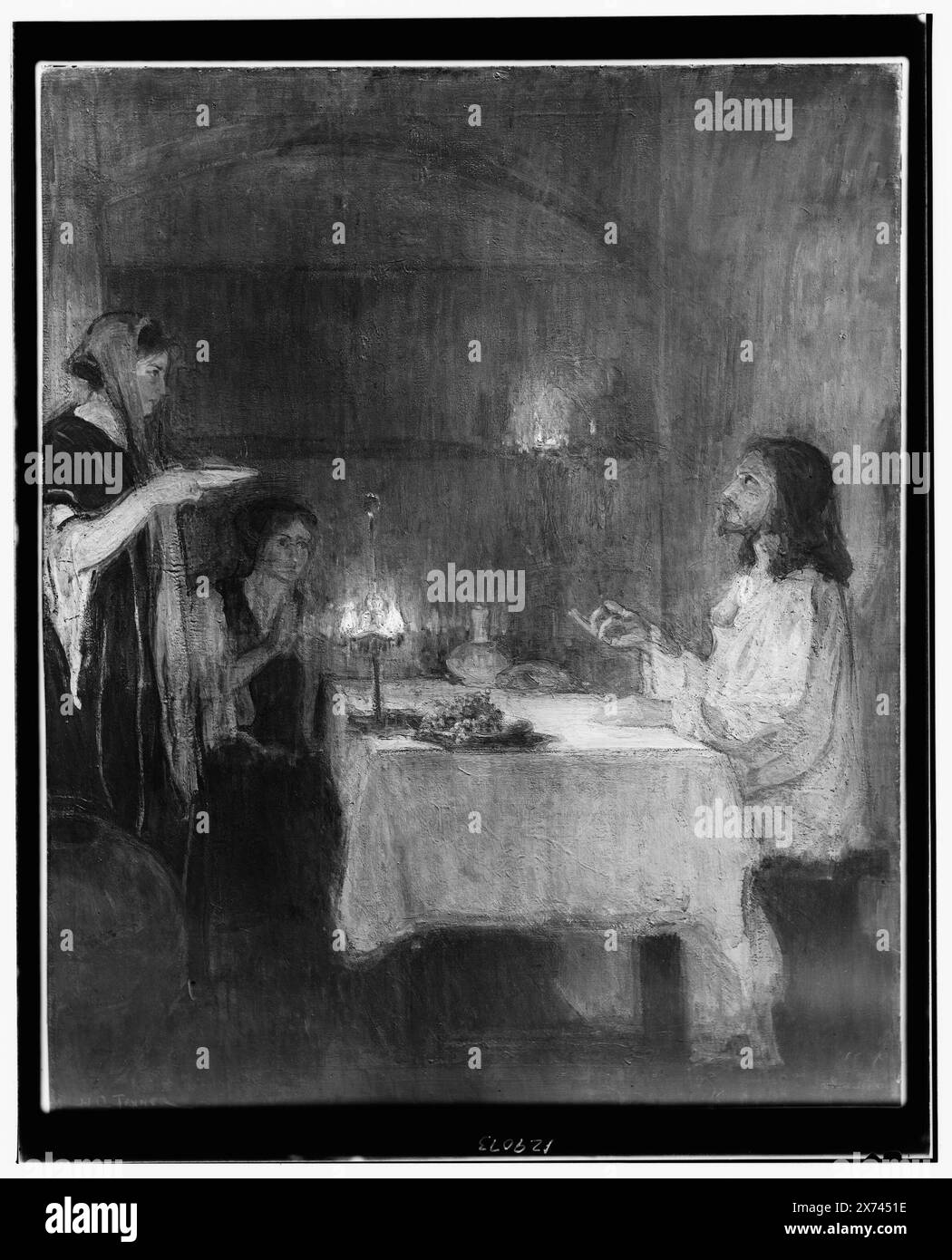 Christus im Haus von Maria und Martha, Titel aus Jacke, 'M 783' auf Transparenz. Foto eines Gemäldes signiert 'H.O. Tanner', Detroit Publishing Co. No. 050377., Geschenk; State Historical Society of Colorado; 1949, Jesus Christus. Maria, von Bethanien, Heilige. , Martha, Saint. , Innenräume. , Wohnungen. , Biblische Ereignisse. Stockfoto