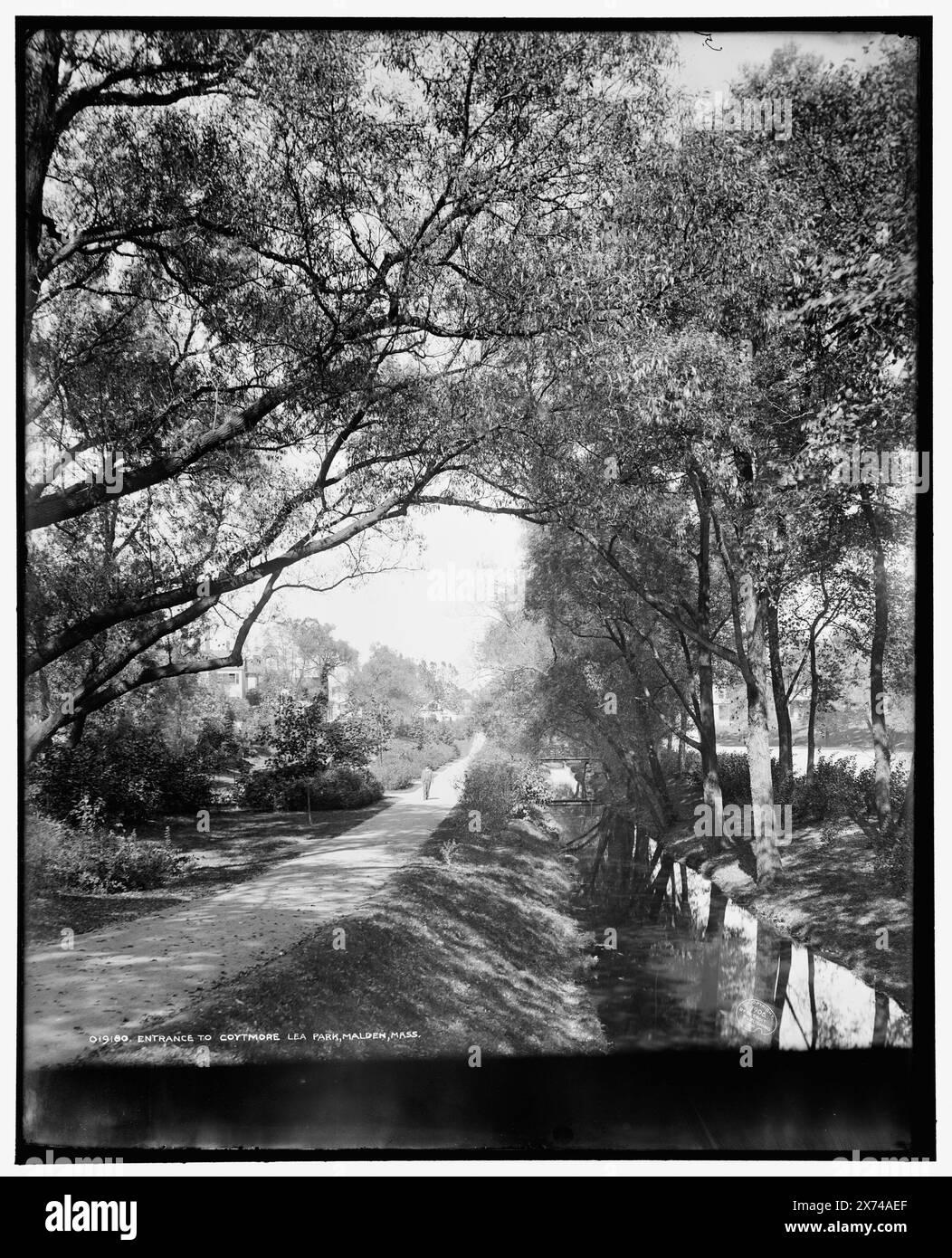 Eintritt zum Coytmore Lea Park, Malden, Mass., '5' auf negative., Detroit Publishing Co.-Nr. 019180., Geschenk; State Historical Society of Colorado; 1949, Parks. , Straßen. , Usa, Massachusetts, Malden. Stockfoto