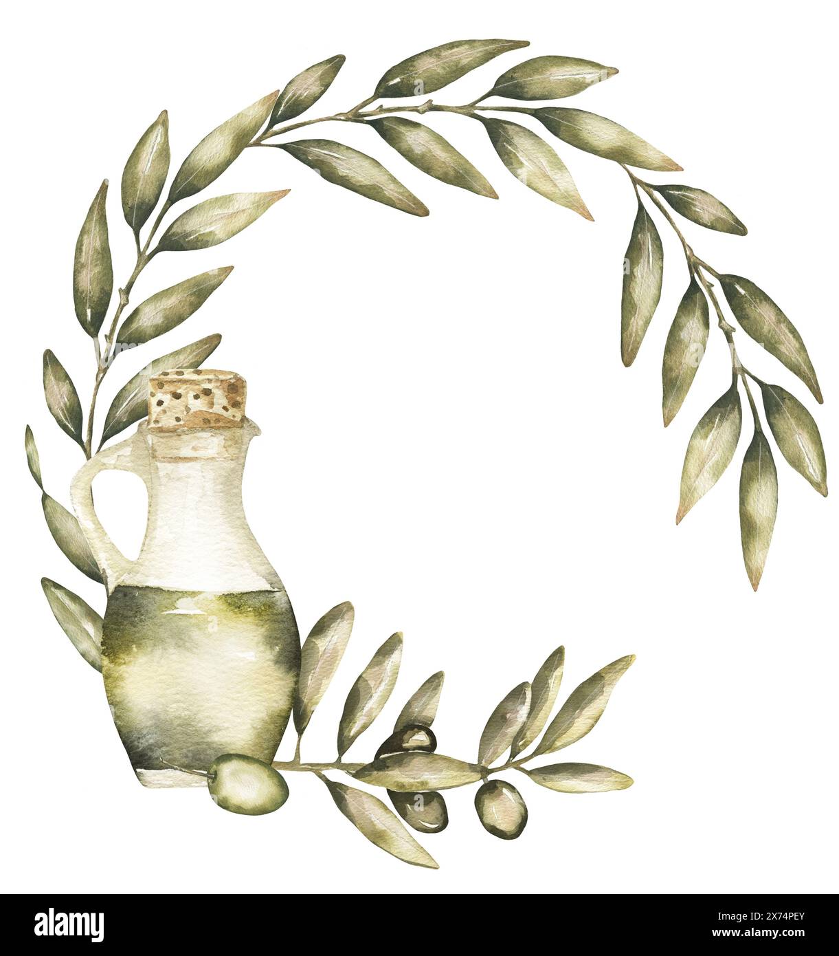 Aquarellkranz mit Olivenzweig und Ölflasche, olivfarbene Umrandung Illustration Stockfoto