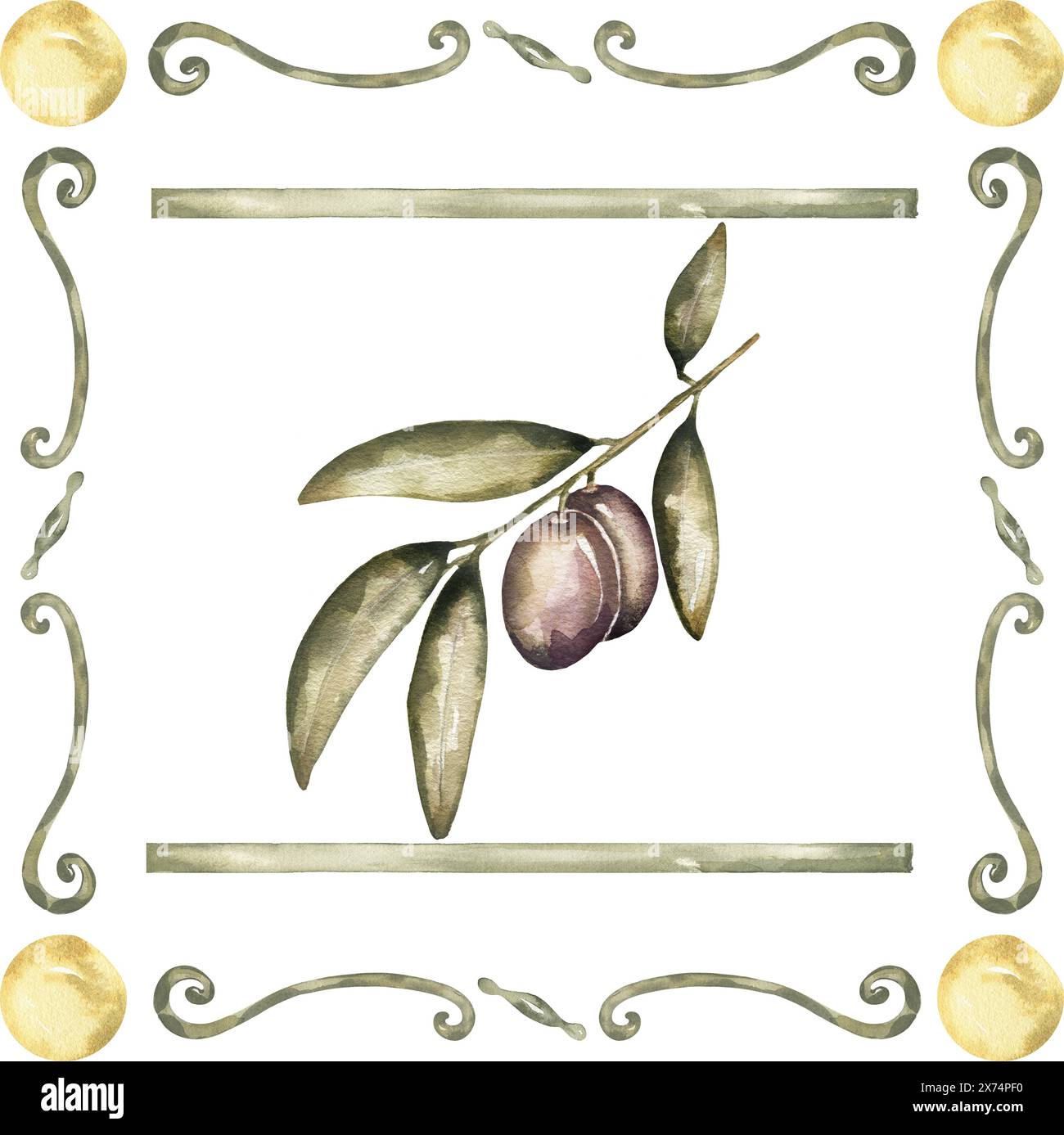 Aquarell-Olivenzweige Verzierung Fliesen Illustration, handgezeichneter Goldrahmen und Olivenblätter, Oliven Druck Textur. Vintage-Tapete. Stockfoto