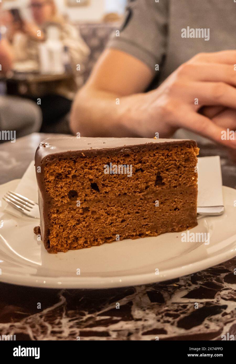 Sachertorte berühmte Sachertorte, eine Wiener Torte, die aus Schichten Schokoladenschwamm mit Aprikosenmarmelade besteht Stockfoto