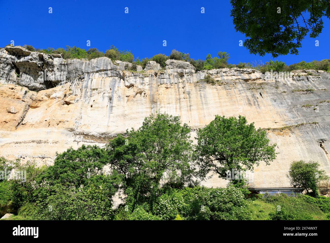 Die prähistorische Stätte Laugerie-Basse, ein Felsvorhang in der Gemeinde Les Eyzies in Dordogne, der Welthauptstadt der Vorgeschichte. Der Fluss Vézère fließt bei Stockfoto