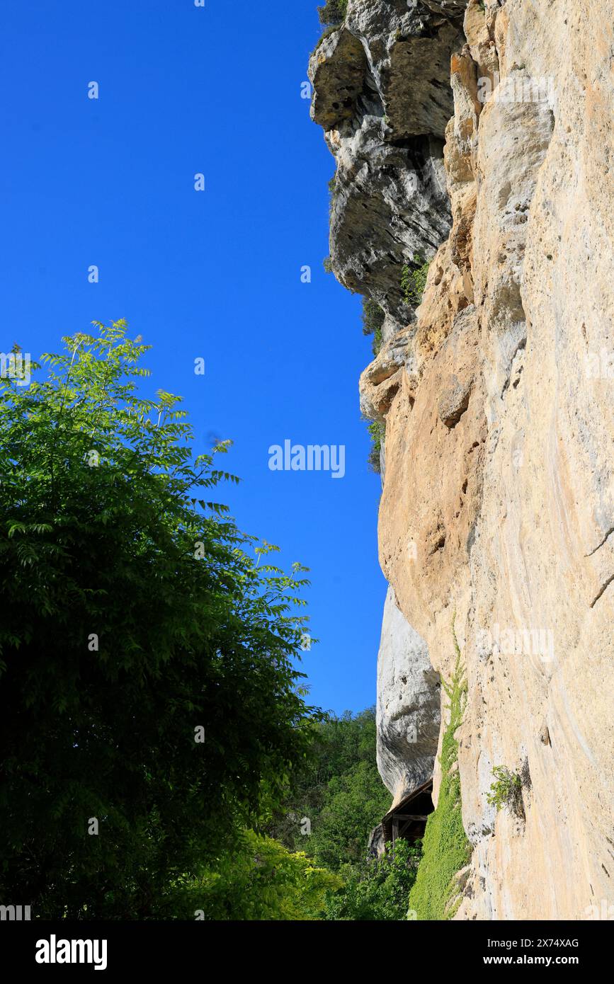 Die prähistorische Stätte Laugerie-Basse, ein Felsvorhang in der Gemeinde Les Eyzies in Dordogne, der Welthauptstadt der Vorgeschichte. Der Fluss Vézère fließt bei Stockfoto