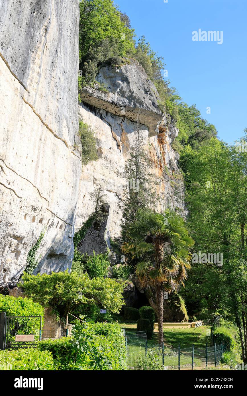 Die prähistorische Stätte Laugerie-Basse, ein Felsvorhang in der Gemeinde Les Eyzies in Dordogne, der Welthauptstadt der Vorgeschichte. Der Fluss Vézère fließt bei Stockfoto