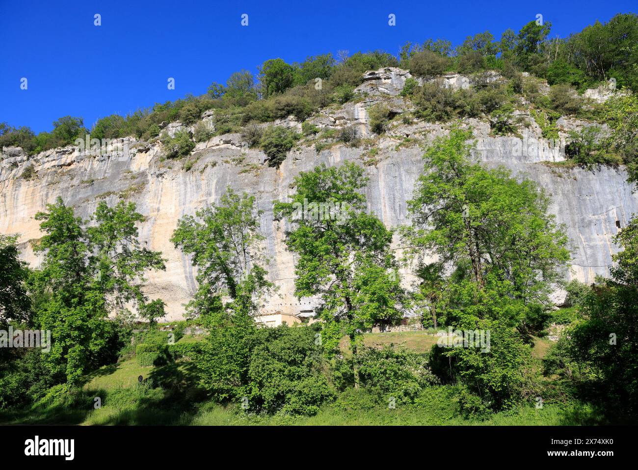 Die prähistorische Stätte Laugerie-Basse, ein Felsvorhang in der Gemeinde Les Eyzies in Dordogne, der Welthauptstadt der Vorgeschichte. Der Fluss Vézère fließt bei Stockfoto