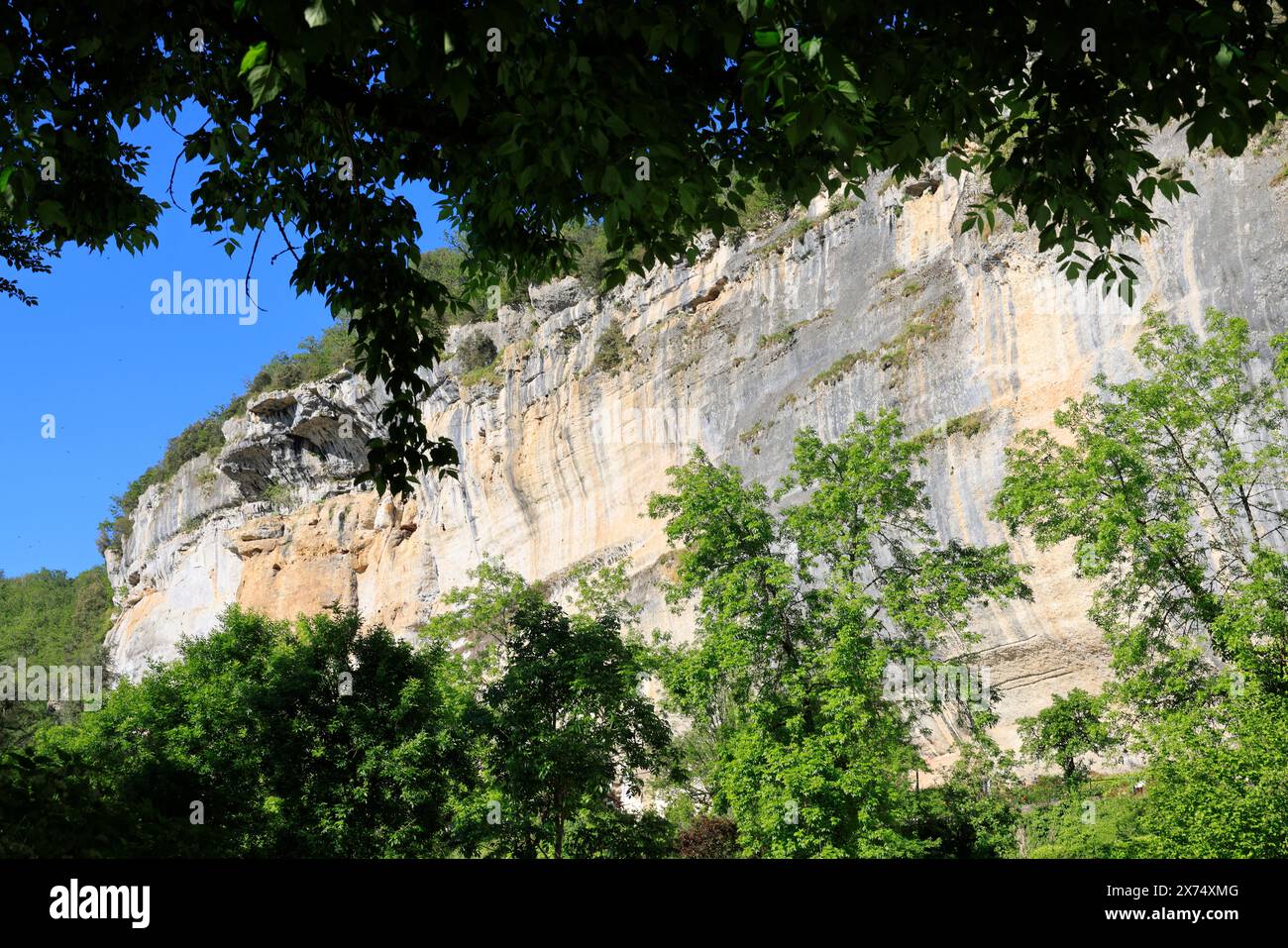 Die prähistorische Stätte Laugerie-Basse, ein Felsvorhang in der Gemeinde Les Eyzies in Dordogne, der Welthauptstadt der Vorgeschichte. Der Fluss Vézère fließt bei Stockfoto