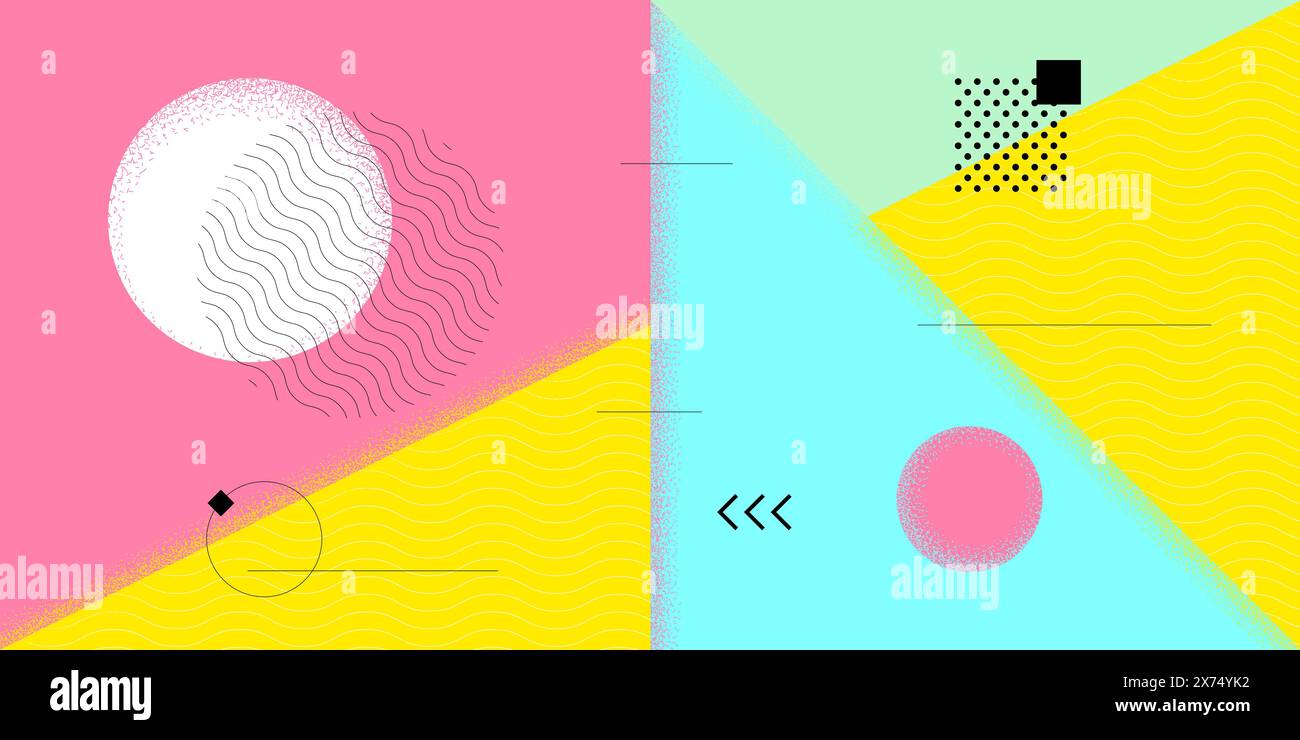 Abstraktes horizontales Banner im Retro-Stil im minimalistischen Sommer. Schweizer naive, brutale geometrische Sonne. Sommerliches Design mit bauhaus-Grafik. Modernes, trendiges, minimalistisches, saisonales asymmetrisches EPS-Kunstwerk Stock Vektor