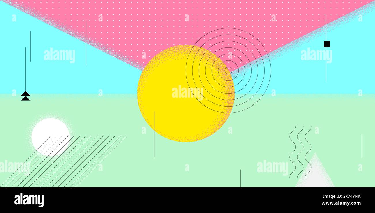 Abstraktes horizontales Banner im Retro-Look mit minimalem Sommerdruck. Schweizer naive ästhetische brutale geometrische Sonne. Im Sommer saisonale Party mit Grafikdesign im bauhaus-Muster. Moderne, trendige, minimalistische Kunstwerke Stock Vektor