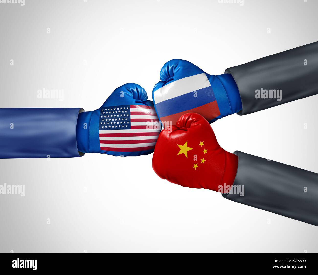 USA gegen Russland China als strategische wirtschaftliche und politische Partnerschaft und außenpolitische Allianz, um mit der Politik der amerikanischen Regierung zu konkurrieren Stockfoto