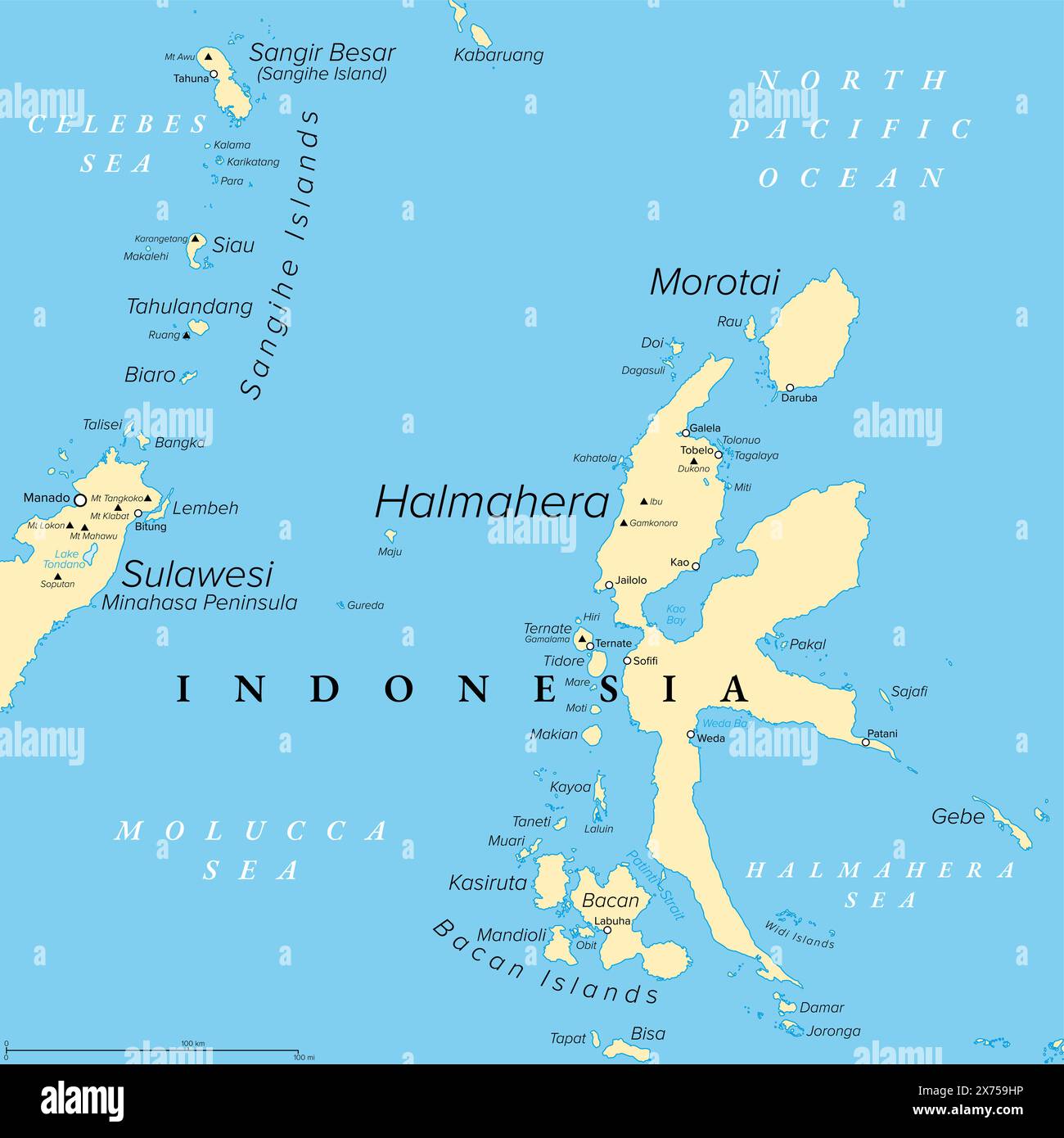 Halmahera, Insel in Indonesien, politische Karte. Die größte Insel der Molukken oder auch Maluku-Inseln und Teil der Provinz Nord-Maluku. Stockfoto