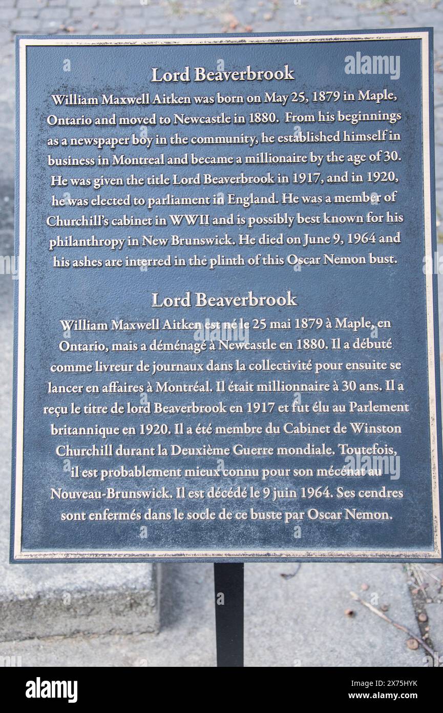 Lord Beaverbrook Plakette im Beaverbrook House in Miramichi, New Brunswick, Kanada Stockfoto