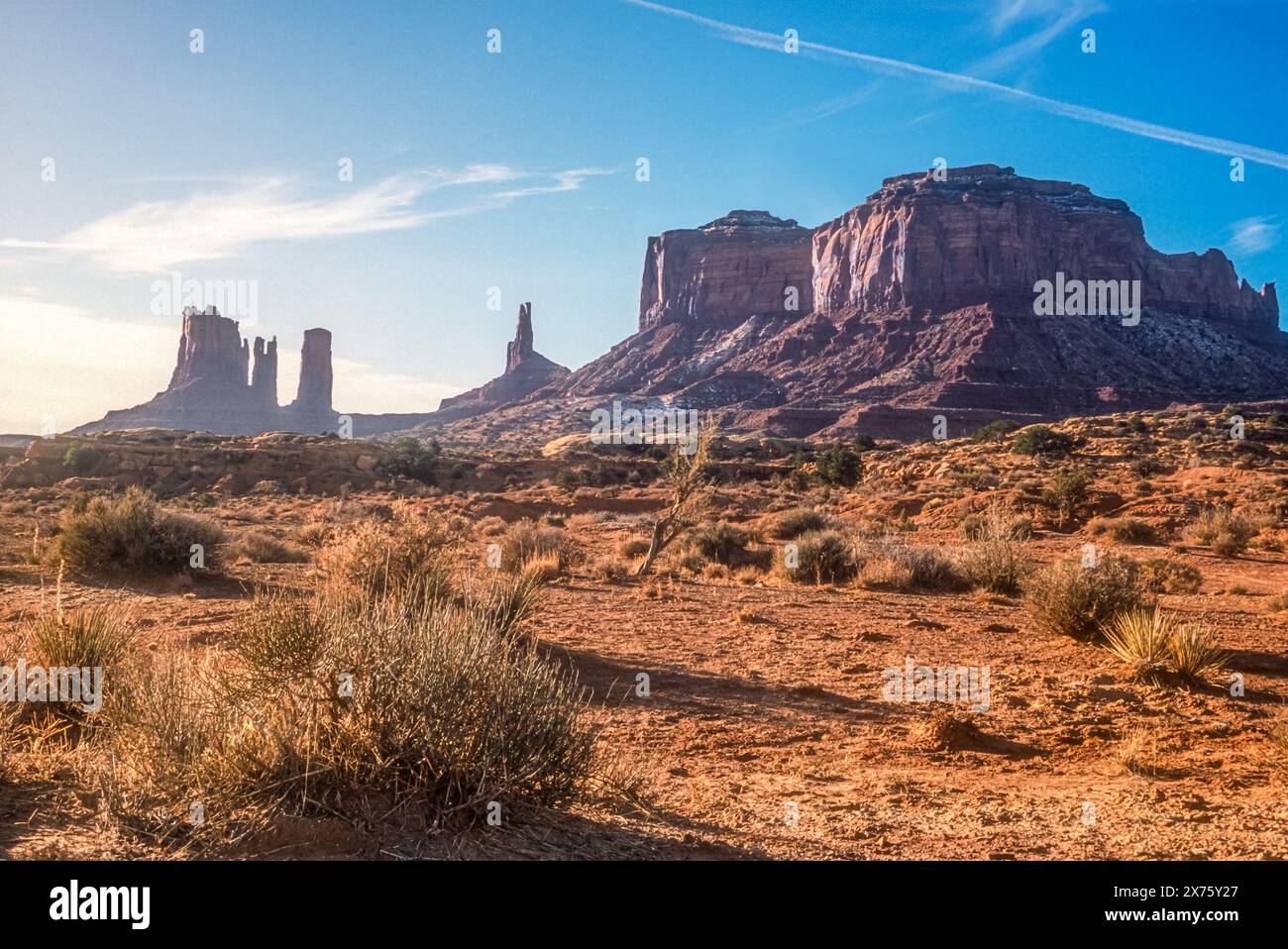 Blick auf die hoch aufragenden Sandsteinfelsen des Monument Valley entlang der Grenze zwischen Utah und Arizona im amerikanischen Südwesten. (USA) Stockfoto