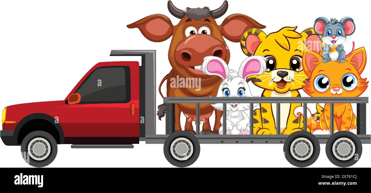 Bunte Tiere, die zusammen in einem roten Truck reiten Stock Vektor