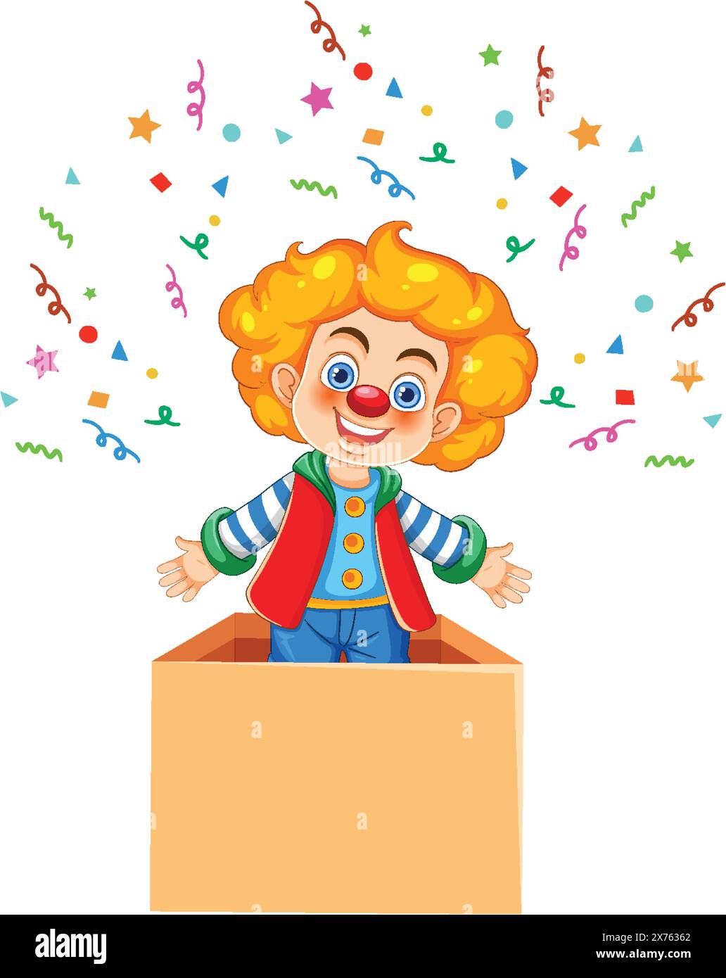 Farbenfroher Clown, der aus einer Überraschungsbox auftaucht Stock Vektor