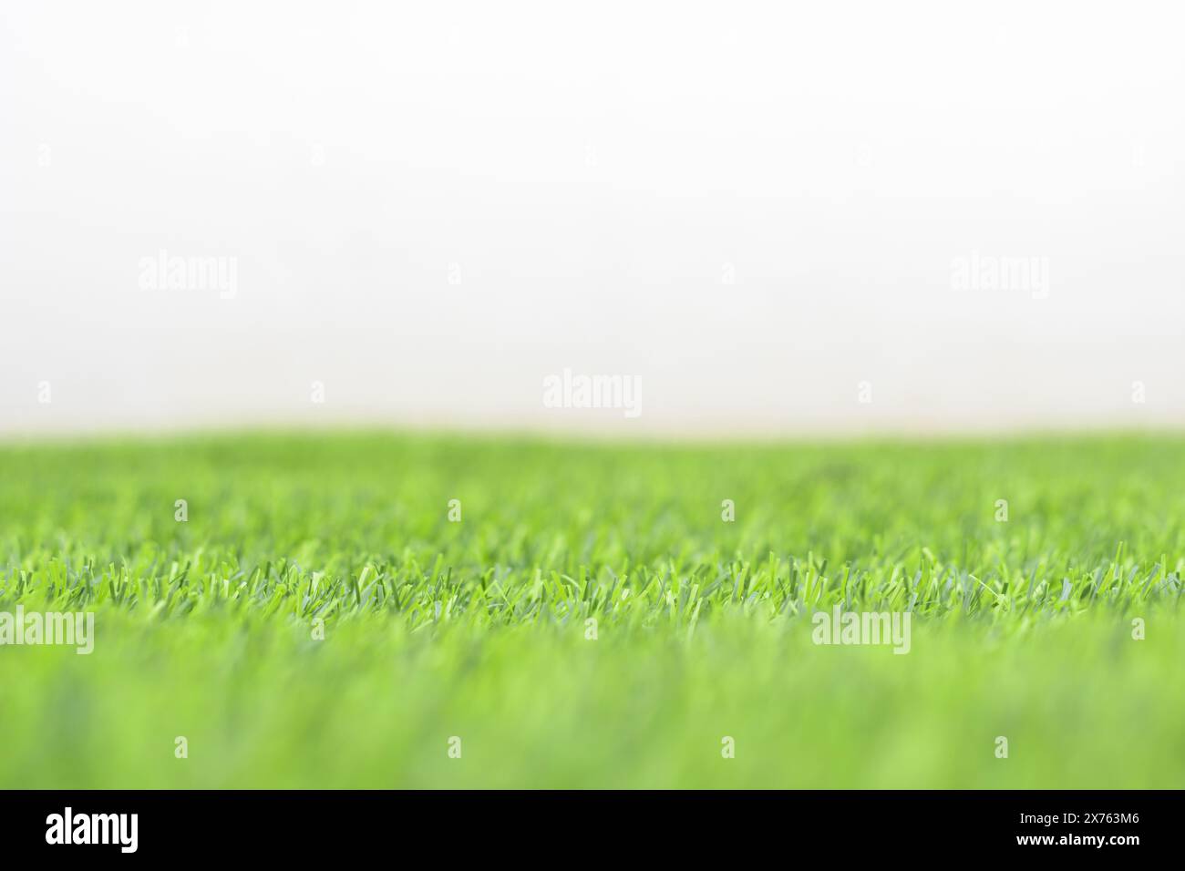 Künstlicher grüner Grasboden konzentriert sich selektiv auf Details und Textur, weißer Hintergrund oder Hintergrund. Stockfoto