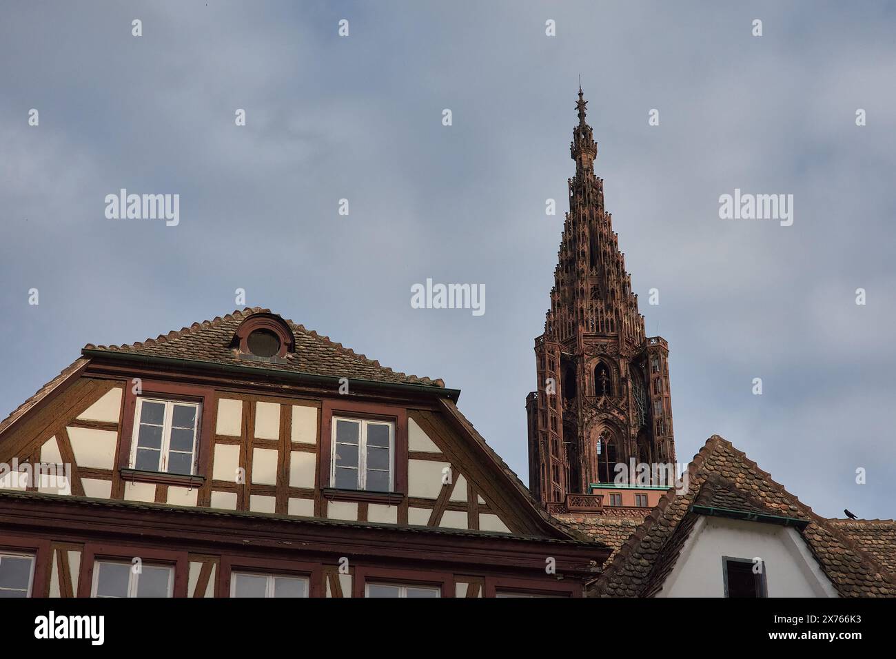 Verzierte gotische Fassade, Haupttor und Rosenfenster der Kathedrale Notre Dame entlang der traditionellen Fachwerkhäuser in Straßburg, Frankreich Stockfoto