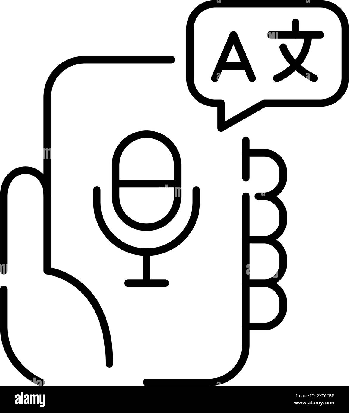 Handheld-Smartphone mit Mikrofon und Sprachblase. Übersetzungs-App, Spracherkennung. Bearbeitbares Symbol Stock Vektor