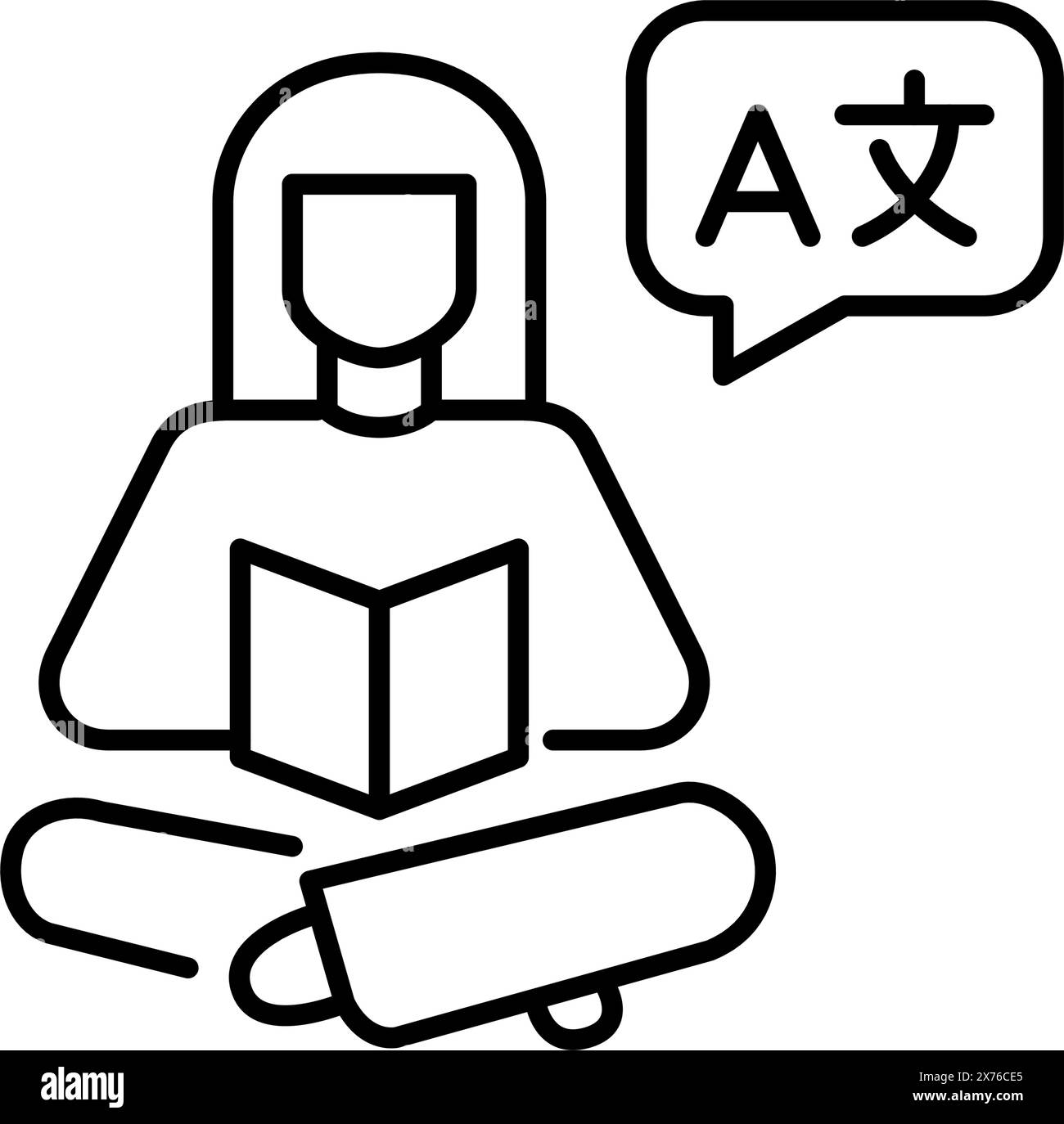 Frau liest ein Buch mit Sprachsymbolen, Sprechblase. Lernen von Sprachen durch Lehrbücher. Vektorsymbol Stock Vektor