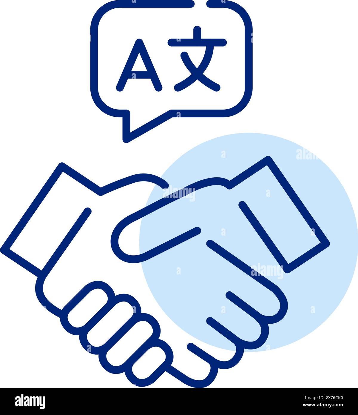 Handschlag und Sprechblase mit Sprachsymbolen. Globale Kommunikation und Sprachaustausch. Symbol für perfekte Pixel Stock Vektor