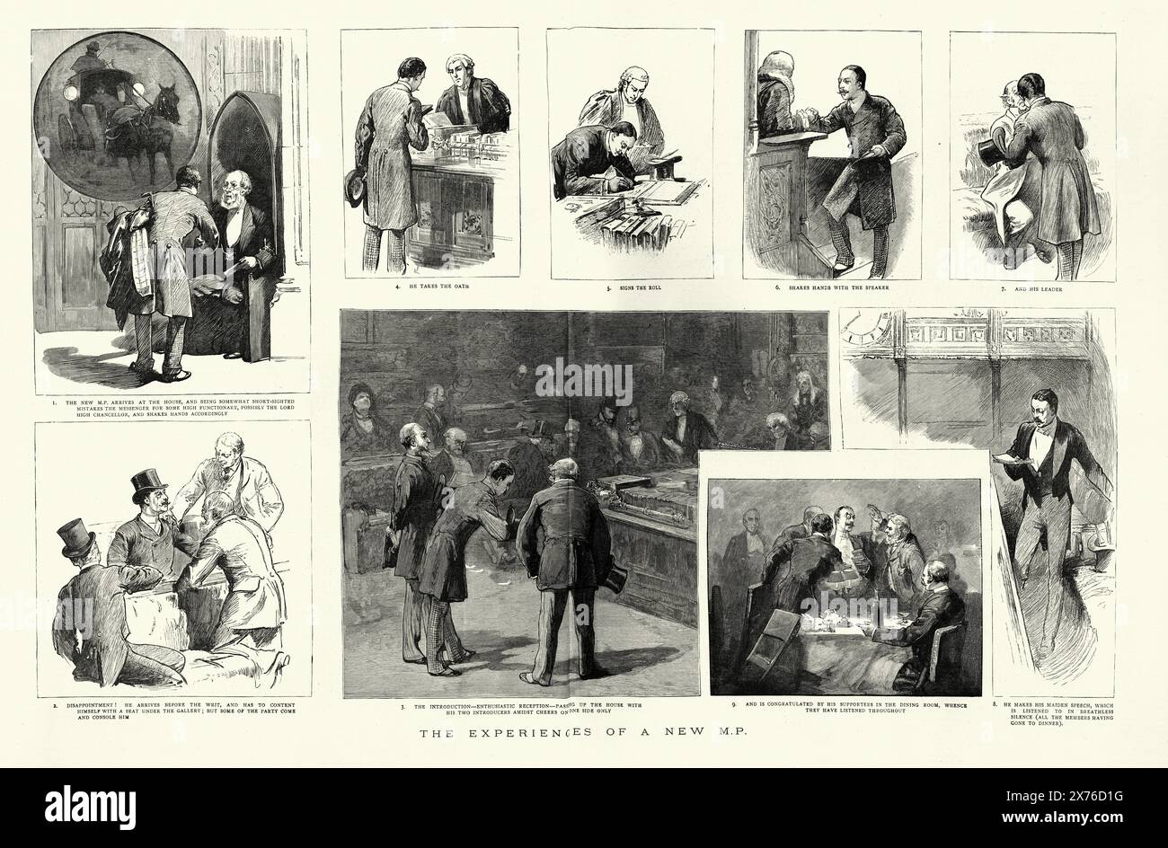 Vintage Illustration, Erfahrungen eines neuen Parlamentsabgeordneten, Mitglied des Parlaments, viktorianische britische politische Geschichte 1880er 19. Jahrhundert Stockfoto