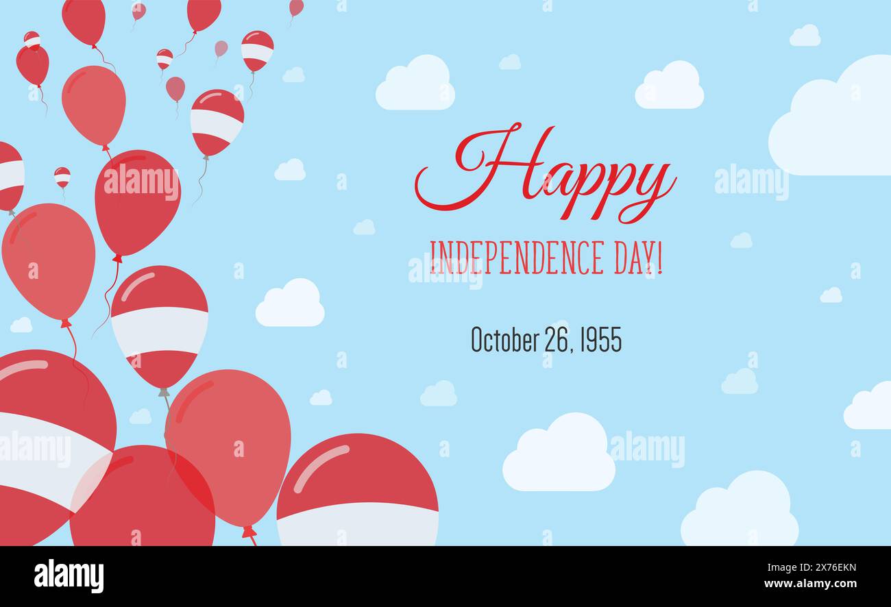 Österreich Unabhängigkeitstag Funkelndes Patriotisches Poster. Ballonreihe in den Farben der österreichischen Flagge. Grußkarte mit Nationalflaggen, Blauen Skyes und Stock Vektor