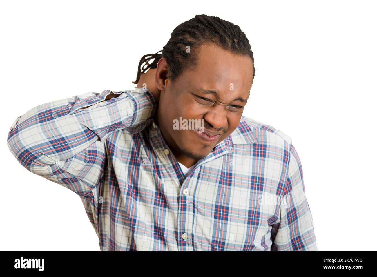 Porträt eines jungen Mannes mit Nackenrückenschmerzen Stockfoto