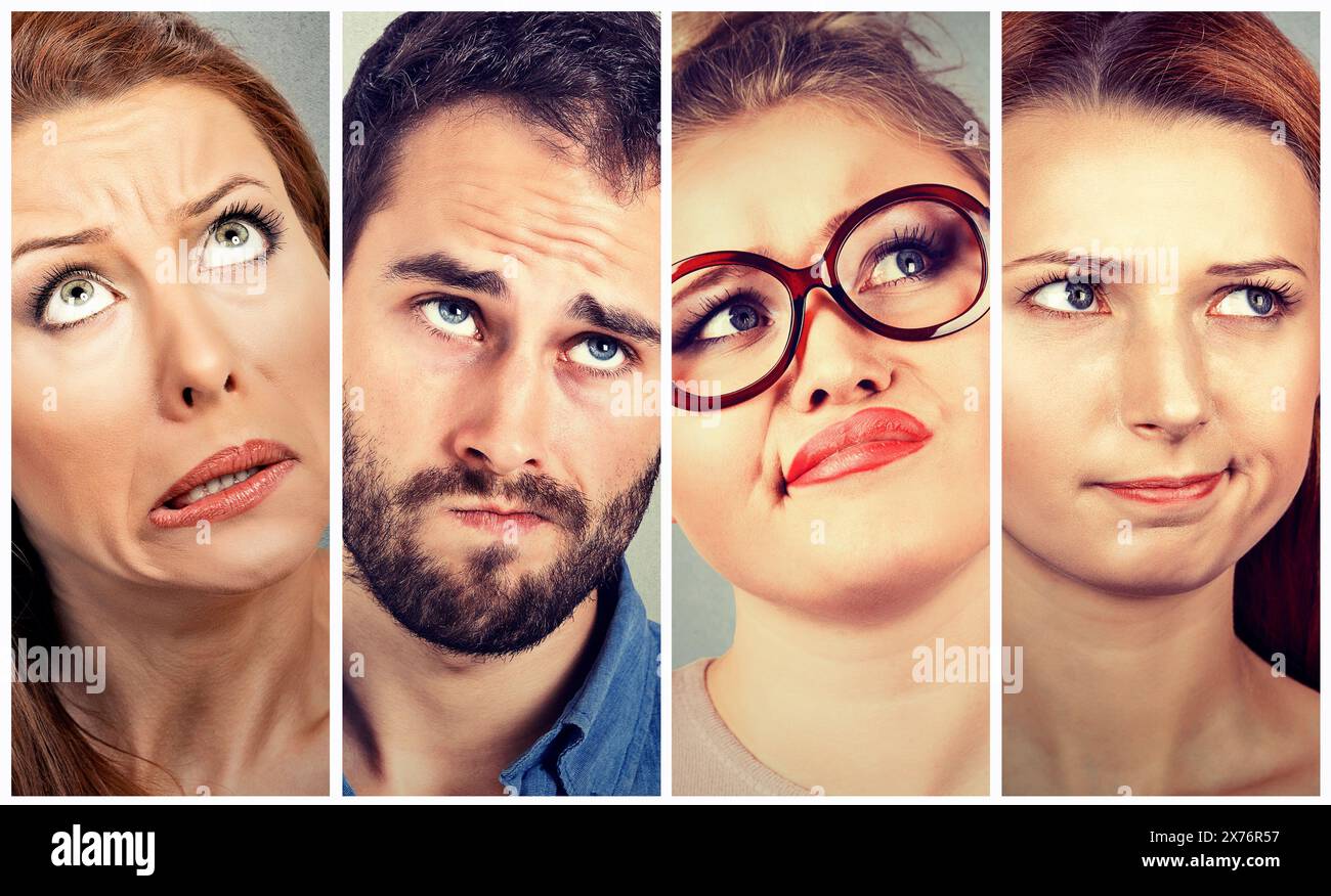 Collage von verwirrten, zweifelhaft aussehenden jungen Frauen und einem Mann Stockfoto