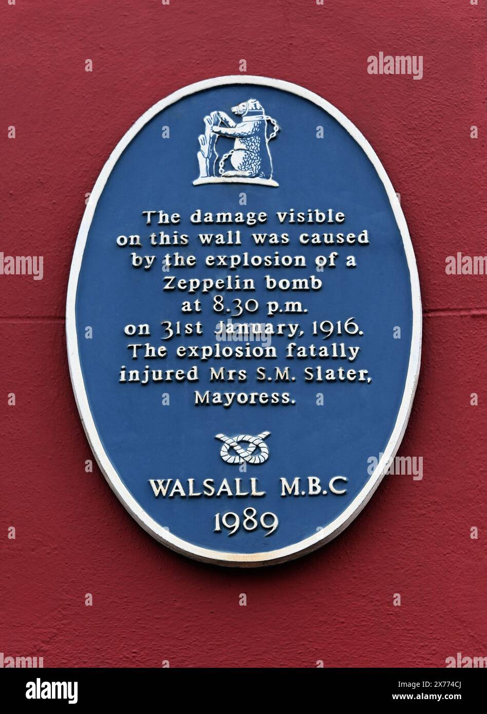 Gedenktafel. World War1 Zeppelin Bombenangriff auf Walsall, 31. Januar 1916. Bradford Place, Walsall, West Midlands, England, Vereinigtes Königreich Stockfoto