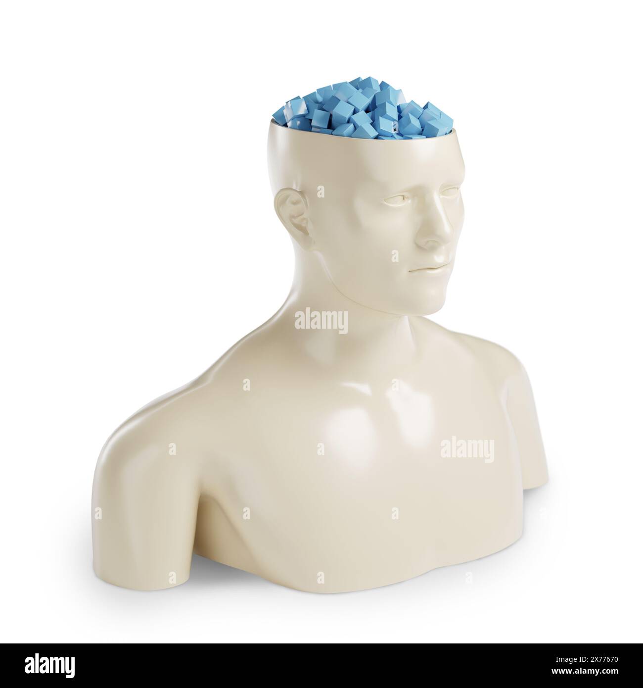 Büste eines Mannes mit offenem Kopf und voller Würfel isoliert auf weißem Hintergrund. 3D-Abbildung. Stockfoto