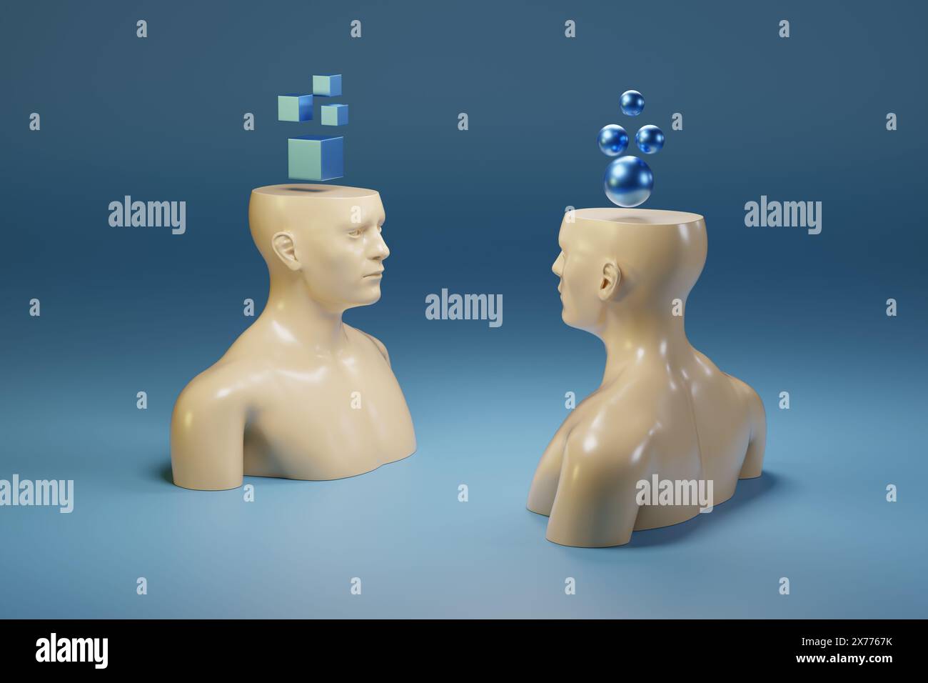 Menschliche Figuren mit geometrischen Körpern auf dem Kopf auf blauem Hintergrund. Denkkonzept. 3D-Abbildung. Stockfoto