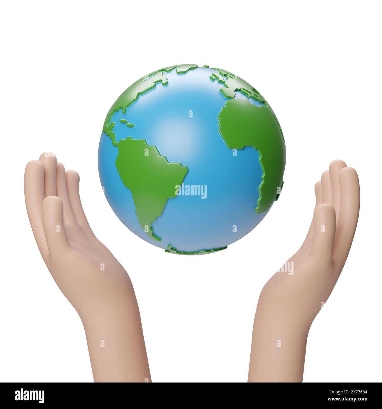 Cartoon-Hände heben den Planeten Erde an. 3D-Abbildung. Stockfoto