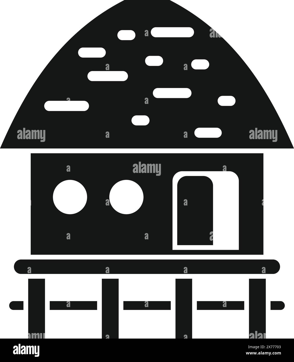 Traditionelle Stelzhaus-Silhouette mit erhöhtem grafischem Design in Schwarz und weiß, tropischer Wohnung. Vektorsymbol. Und einfache Illustration auf Stapeln Stock Vektor