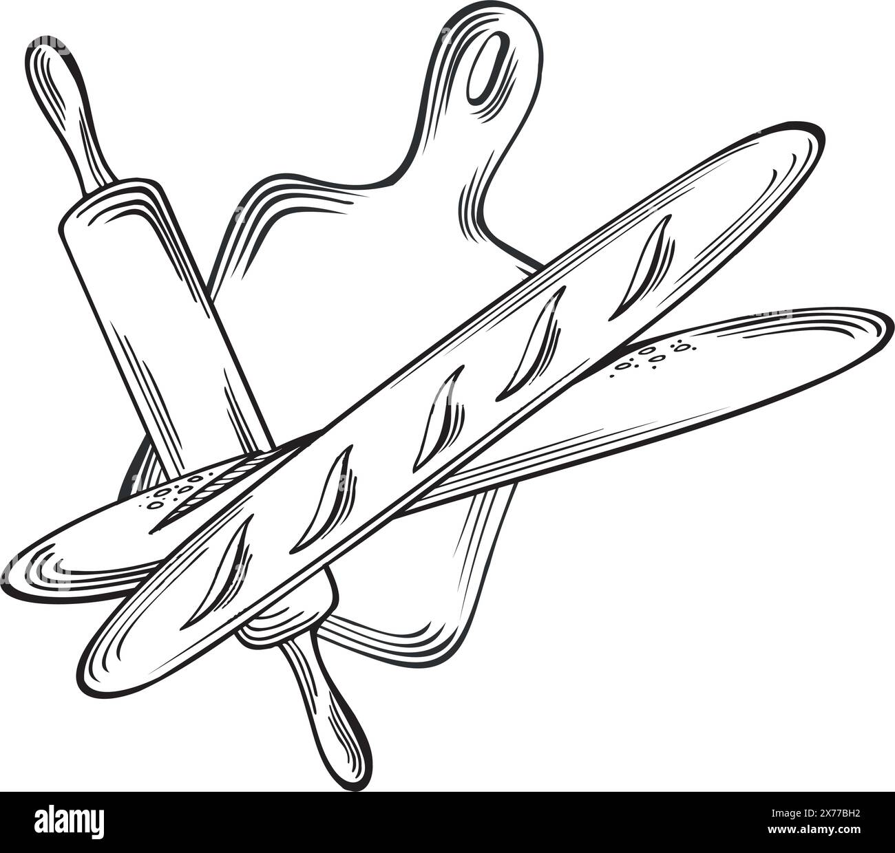 Baguettes und Backwerkzeuge. Backwaren, französisches Brot. Schneidebrett mit Rollstift, Instrumente. Vektorabwicklungsdarstellung, Umriss, isoliert. Temp Stock Vektor