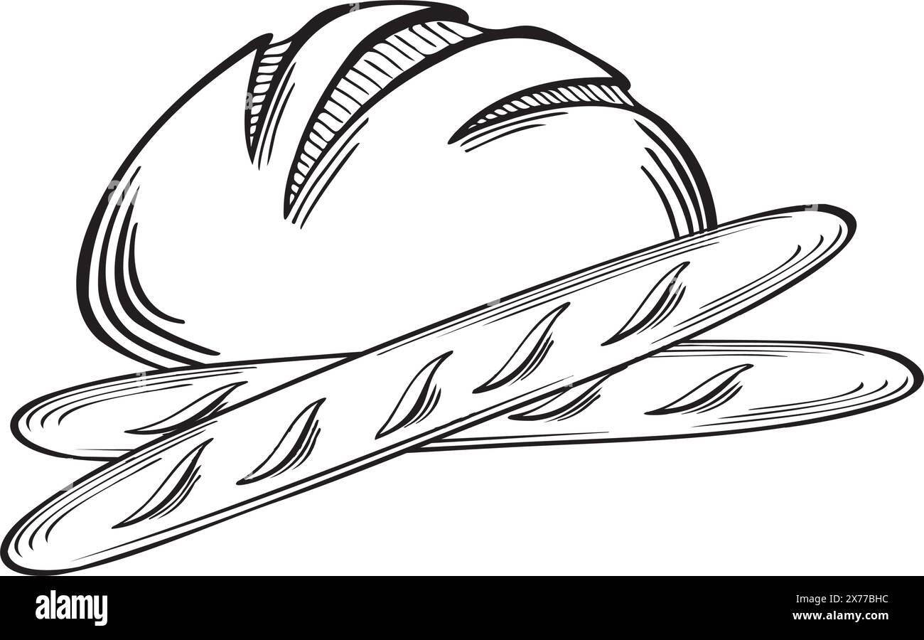 Baguettes, französisches und rundes Brot. Backwaren aus Weizen und Roggen. Darstellung der Vektorabwicklung linear, isoliert. Handgezeichnete Skizze Fresh Food Template fo Stock Vektor