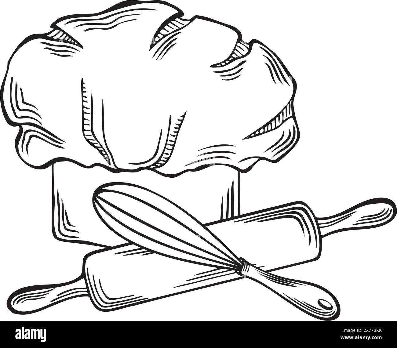 Backwerkzeuge und Küchenhelm. Nudelnadel mit Schneebesen. Professioneller Kopfschmuck, Küchenutensilien zum Kochen. Vektordarstellung linear, isoliert auf weißem Tem Stock Vektor