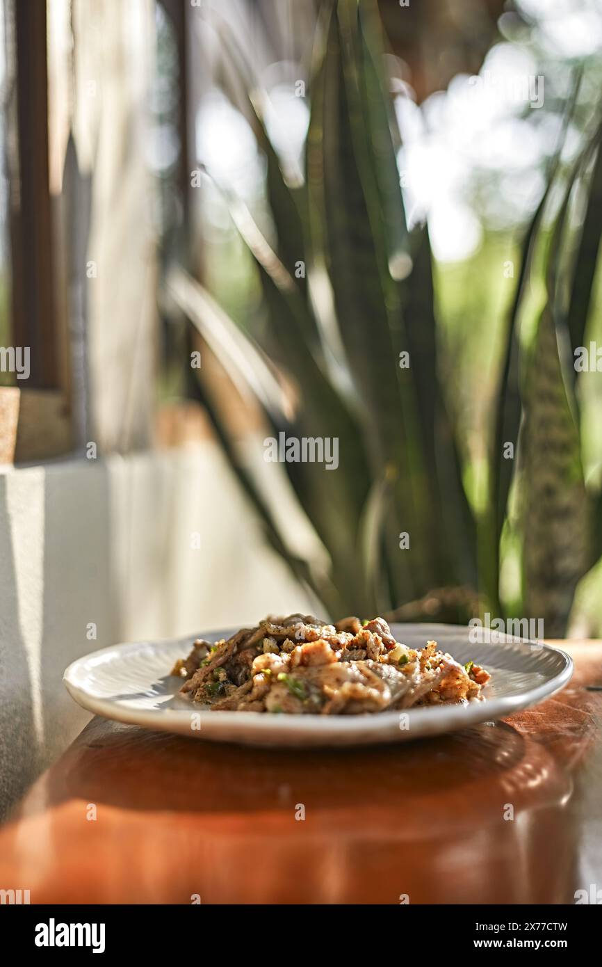 Nahaufnahme gebratenes Schweinefleisch mit Chili-Sauce verrühren Stockfoto