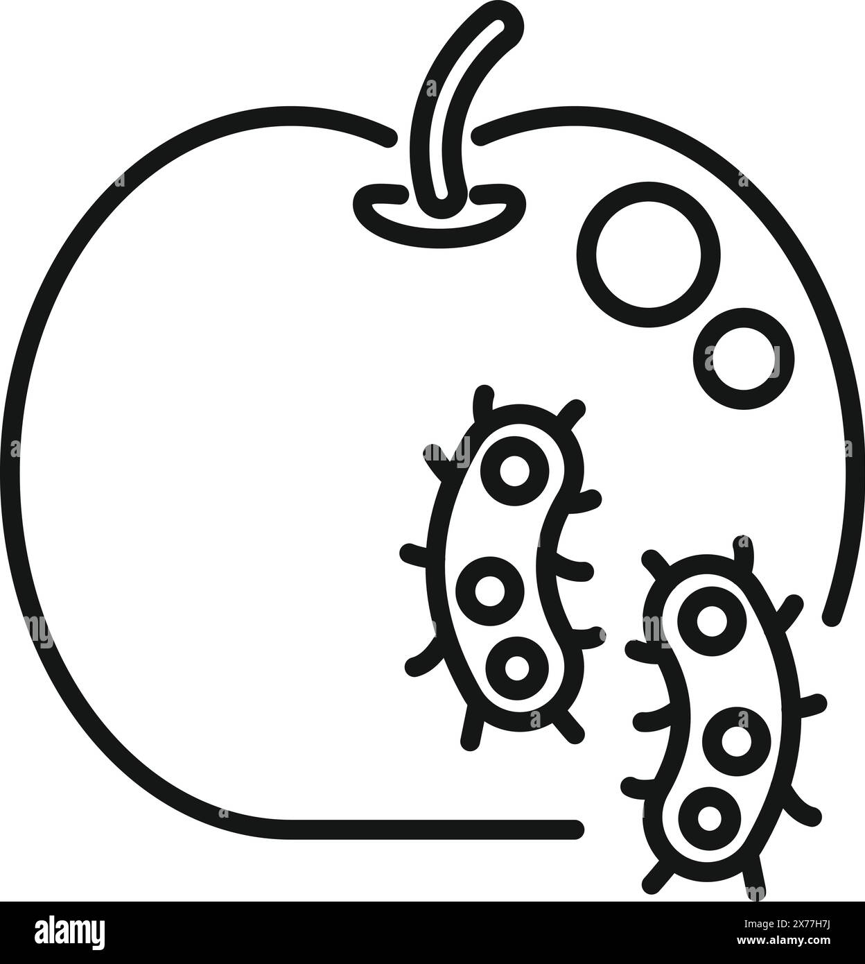 Schwarz-weiße Zeichnung von Apfel mit stilisierten Karikaturbakterien Stock Vektor