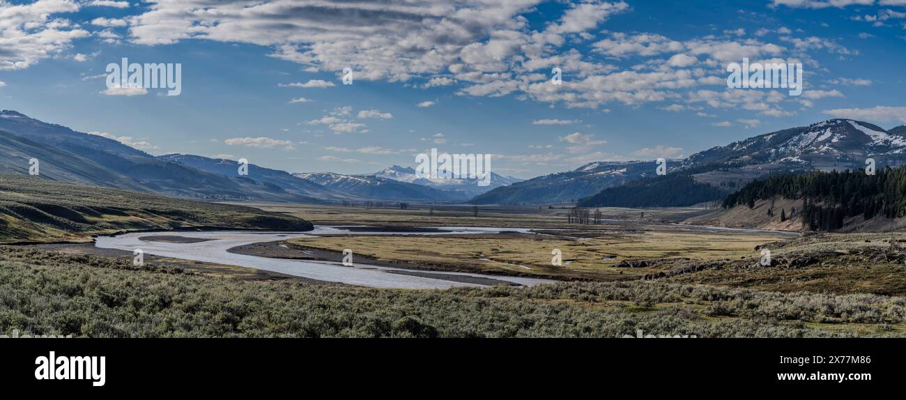 Das Lamar River Valley im Yellowstone National Park sieht man von der Gegend des Examen Ridge aus nach Osten. Stockfoto