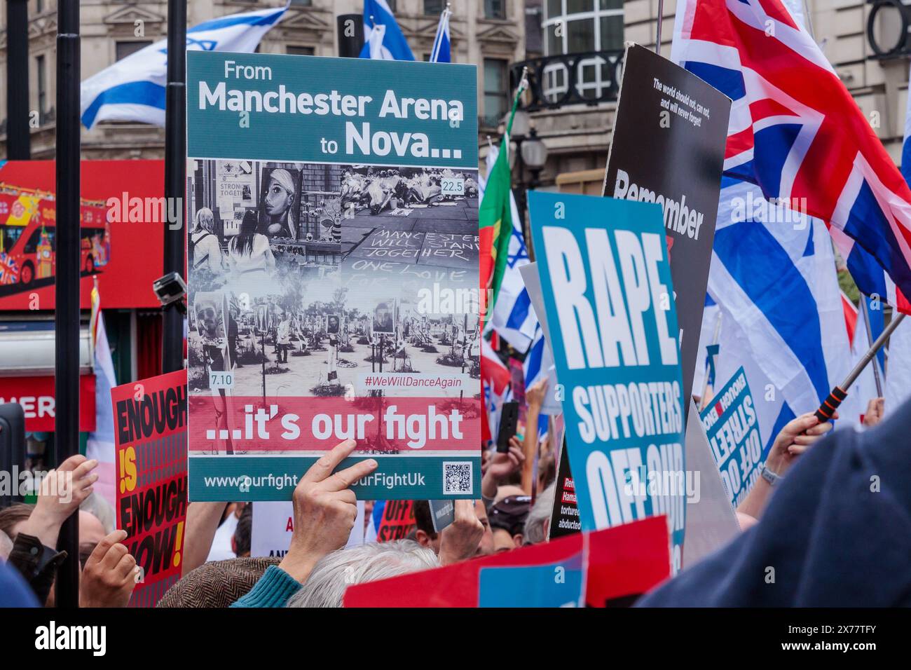 Piccadilly Circus, London, Großbritannien. Mai 2024. Britische Bürger aller Glaubensrichtungen stehen gegen Terrorismus und Extremismus beim Gegenprotest "genug ist genug" zusammen. Die Gegenproteste wurden als Reaktion auf fast acht Monate propalästinensische Märsche organisiert, bei denen der Hass eskaliert und die offene Unterstützung terroristischer Organisationen offen unterstützt wurde. Frühere Gegenproteste haben dazu geführt, dass die Gruppe mit Todesdrohungen und Aufforderungen zum Völkermord an Juden aus der Nation Israel konfrontiert ist. Quelle: Amanda Rose/Alamy Live News Stockfoto