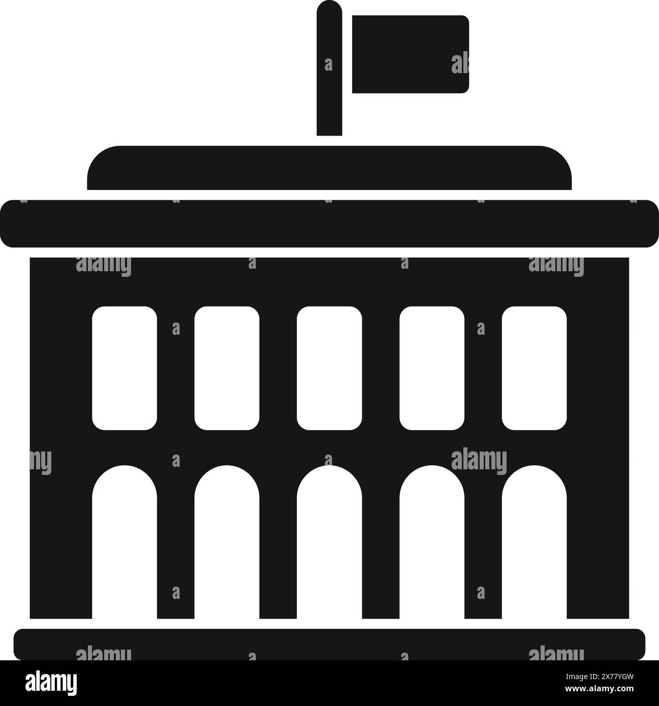 Regierungsgebäude Icon Vektor Illustration in Schwarz-weiß. Die Architektur und das Symbol einer öffentlichen Einrichtung darstellen. Amtliche Verwaltung. Gerichtsgebäude. Stadt. Städtisch. Grafikdesign Stock Vektor