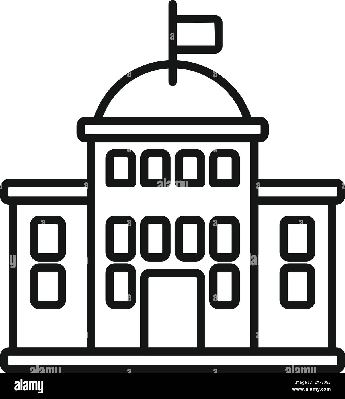 Regierungsgebäude Linie Symbol mit Flagge und Stadtlandschaft in schwarz-weiß minimalistische Vektor-Illustration des städtischen Gerichtsgebäudes und Stadtverwaltungssymbol Stock Vektor