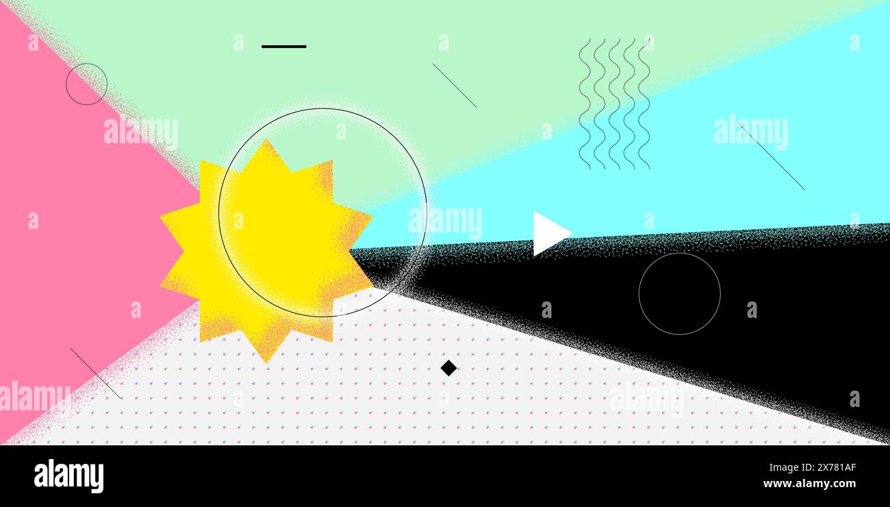 Abstraktes horizontales Banner im Retro-Stil im minimalistischen Sommer. Schweizer naive brutale zeitgenössische Figur geometrische Sonne. Sommer-Vibe bauhaus-Grafik. Trendige, minimalistische, asymmetrische Kunstwerke der Saison Stock Vektor